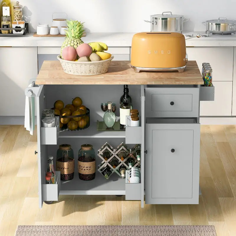 Kitchen Island with Drop-Leaf Countertop & 3-Tier Pull-Out Cabinet on 5 Wheels – Grey Blue / White / Black