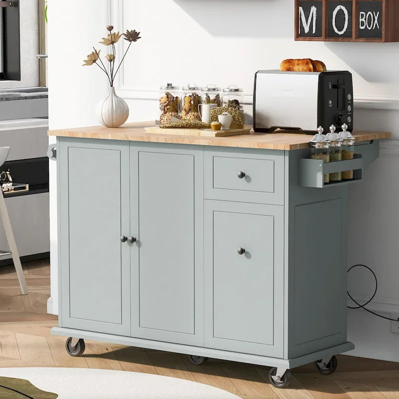 Kitchen Island with Drop-Leaf Countertop & 3-Tier Pull-Out Cabinet on 5 Wheels – Grey Blue / White / Black