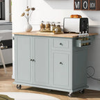 Kitchen Island with Drop-Leaf Countertop & 3-Tier Pull-Out Cabinet on 5 Wheels – Grey Blue / White / Black