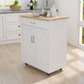 Oak/White Rolling Kitchen Island Cart with Drawer, Door & Towel Rack, Rubberwood Top, 1-Person Use