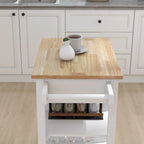 Oak/White Rolling Kitchen Island Cart with Drawer, Door & Towel Rack, Rubberwood Top, 1-Person Use