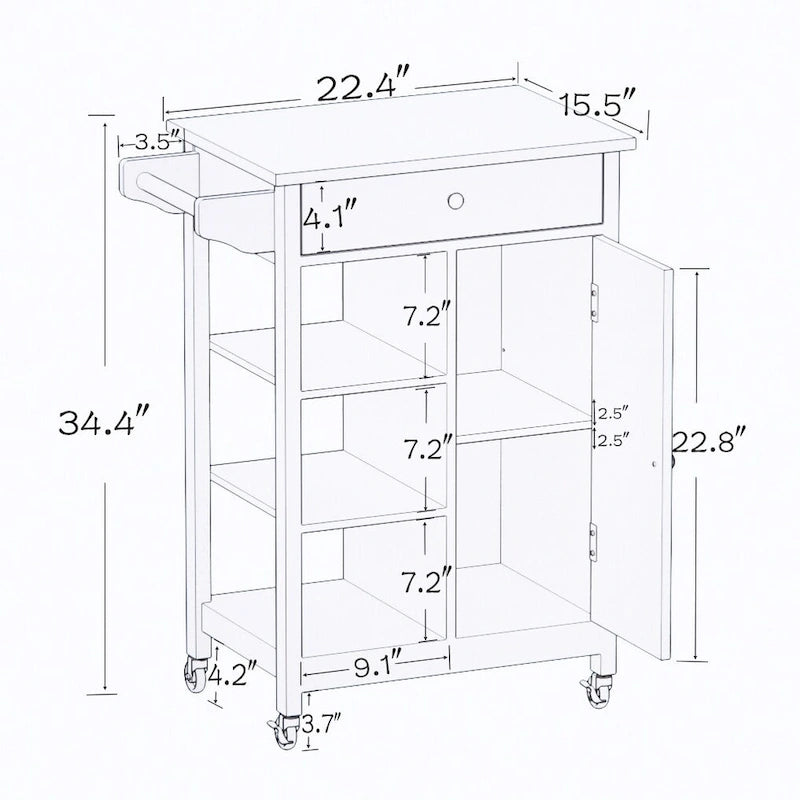 Oak/White Rolling Kitchen Island Cart with Drawer, Door & Towel Rack, Rubberwood Top, 1-Person Use