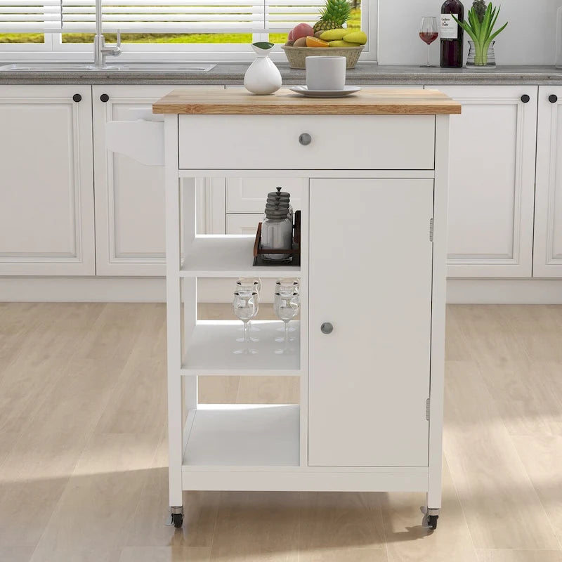 Oak/White Rolling Kitchen Island Cart with Drawer, Door & Towel Rack, Rubberwood Top, 1-Person Use