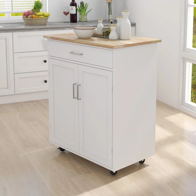 Oak/White Rolling Kitchen Island Cart with Drawer, Door & Towel Rack, Rubberwood Top, 1-Person Use