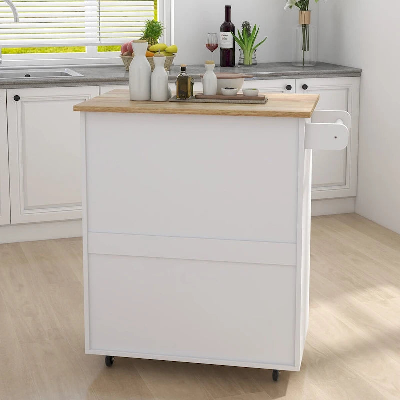 Oak/White Rolling Kitchen Island Cart with Drawer, Door & Towel Rack, Rubberwood Top, 1-Person Use