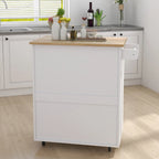 Oak/White Rolling Kitchen Island Cart with Drawer, Door & Towel Rack, Rubberwood Top, 1-Person Use