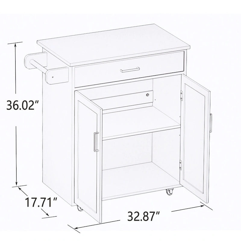 Oak/White Rolling Kitchen Island Cart with Drawer, Door & Towel Rack, Rubberwood Top, 1-Person Use