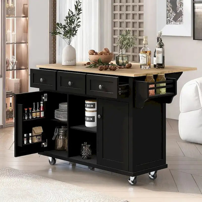 Black/Mint Green/White/Blue Drop-Leaf Rolling Kitchen Island Cart with Storage