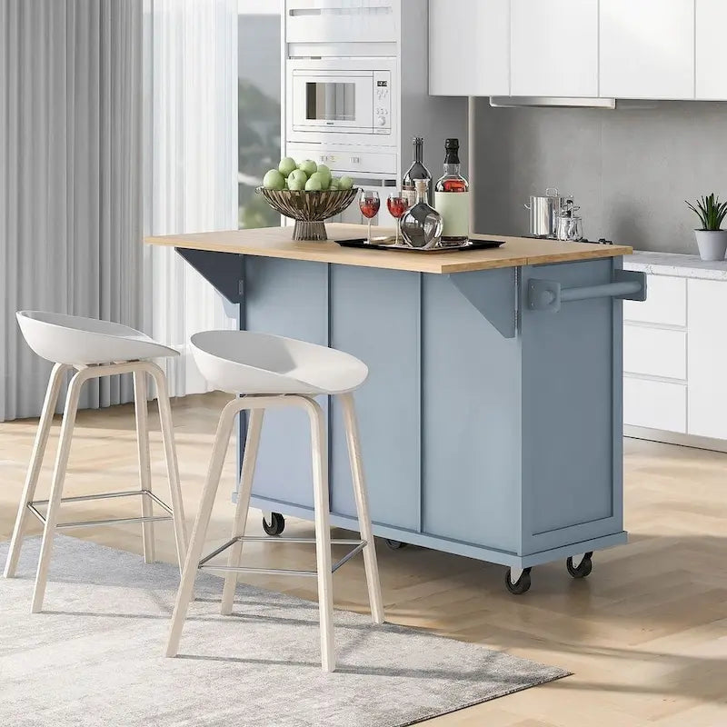 Black/Mint Green/White/Blue Drop-Leaf Rolling Kitchen Island Cart with Storage