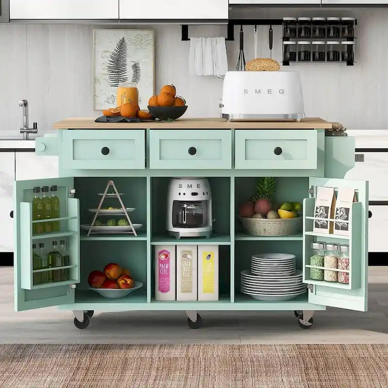 Black/Mint Green/White/Blue Drop-Leaf Rolling Kitchen Island Cart with Storage
