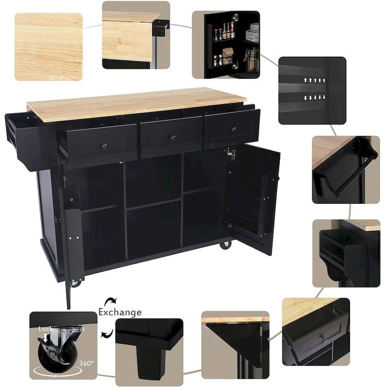 Black/Mint Green/White/Blue Drop-Leaf Rolling Kitchen Island Cart with Storage