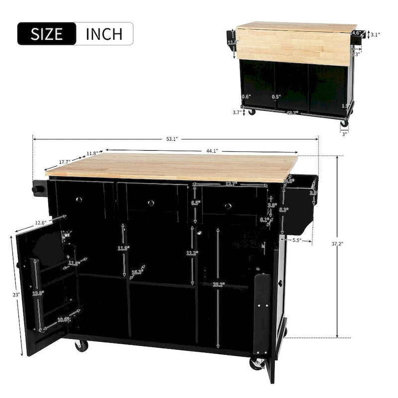 Black/Mint Green/White/Blue Drop-Leaf Rolling Kitchen Island Cart with Storage