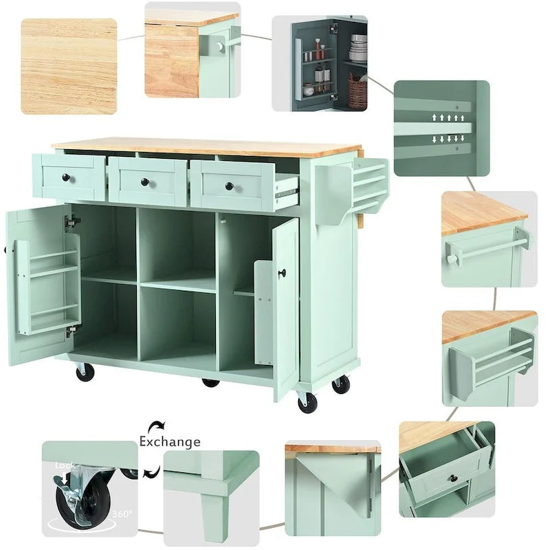 Black/Mint Green/White/Blue Drop-Leaf Rolling Kitchen Island Cart with Storage