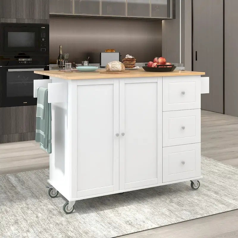 White / Black / Blue / Grey Blue Rolling Kitchen Island with Drop Leaf, 2 Doors & 3 Drawers, 1-Person Use