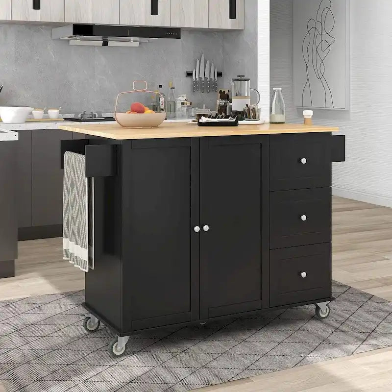 White / Black / Blue / Grey Blue Rolling Kitchen Island with Drop Leaf, 2 Doors & 3 Drawers, 1-Person Use