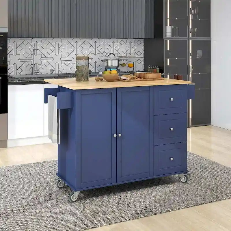 White / Black / Blue / Grey Blue Rolling Kitchen Island with Drop Leaf, 2 Doors & 3 Drawers, 1-Person Use