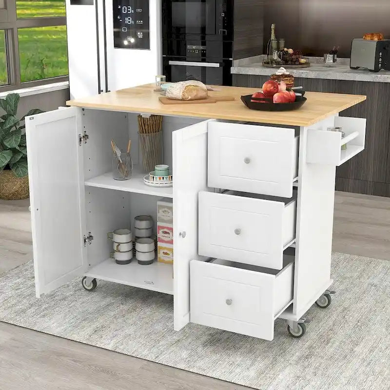 White / Black / Blue / Grey Blue Rolling Kitchen Island with Drop Leaf, 2 Doors & 3 Drawers, 1-Person Use