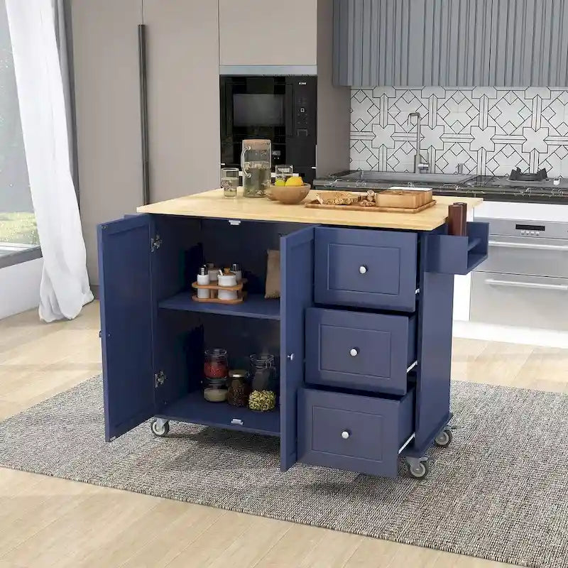 White / Black / Blue / Grey Blue Rolling Kitchen Island with Drop Leaf, 2 Doors & 3 Drawers, 1-Person Use