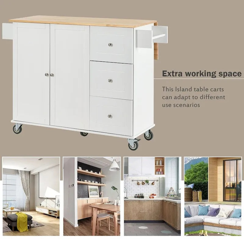 White / Black / Blue / Grey Blue Rolling Kitchen Island with Drop Leaf, 2 Doors & 3 Drawers, 1-Person Use
