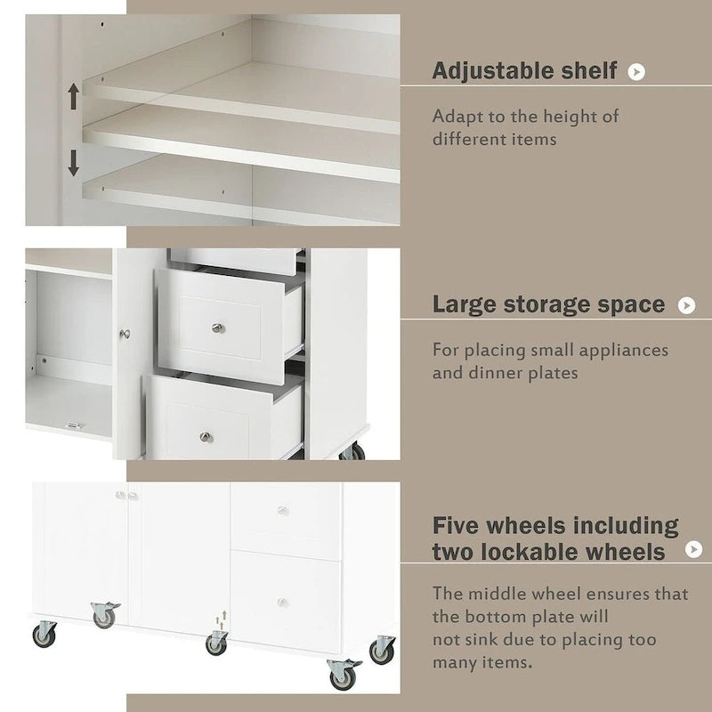 White / Black / Blue / Grey Blue Rolling Kitchen Island with Drop Leaf, 2 Doors & 3 Drawers, 1-Person Use