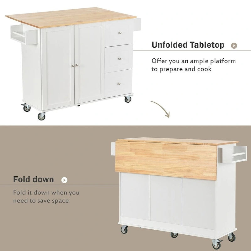 White / Black / Blue / Grey Blue Rolling Kitchen Island with Drop Leaf, 2 Doors & 3 Drawers, 1-Person Use