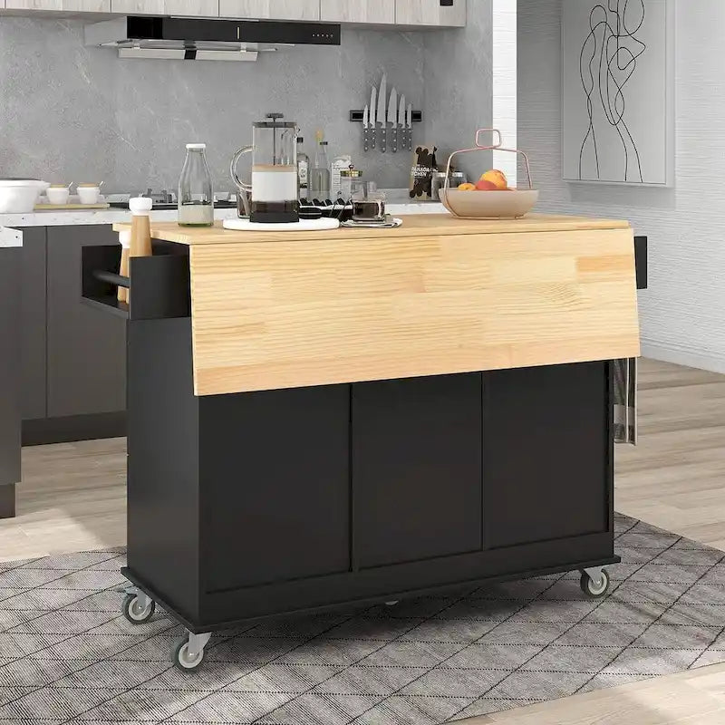 White / Black / Blue / Grey Blue Rolling Kitchen Island with Drop Leaf, 2 Doors & 3 Drawers, 1-Person Use