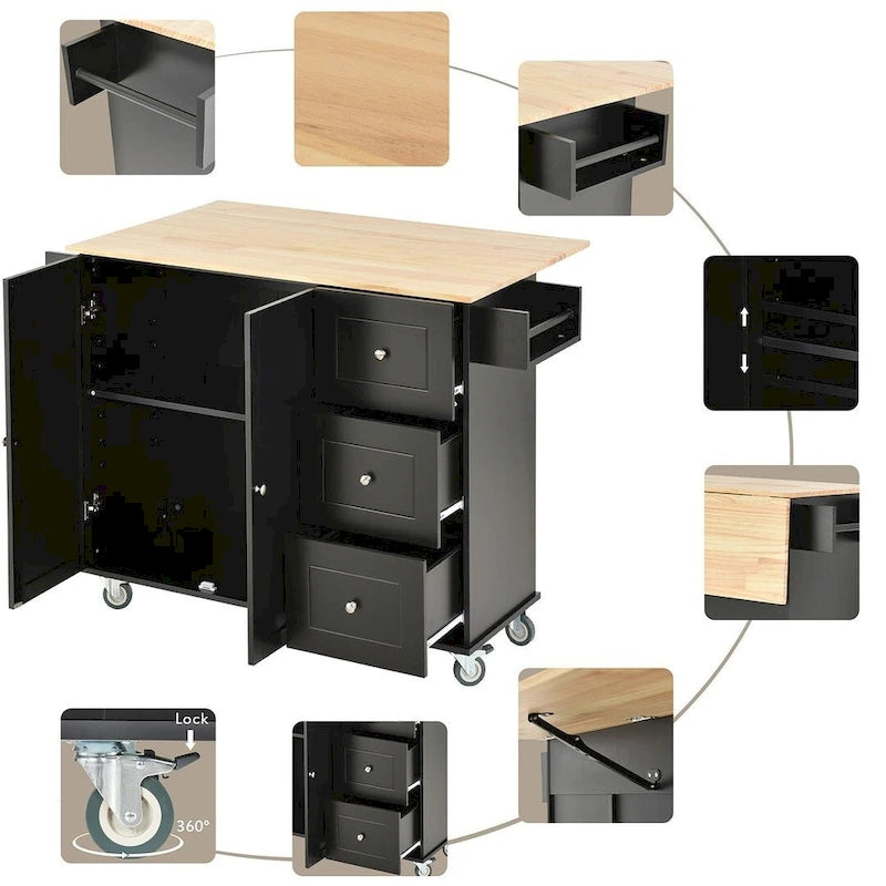 White / Black / Blue / Grey Blue Rolling Kitchen Island with Drop Leaf, 2 Doors & 3 Drawers, 1-Person Use