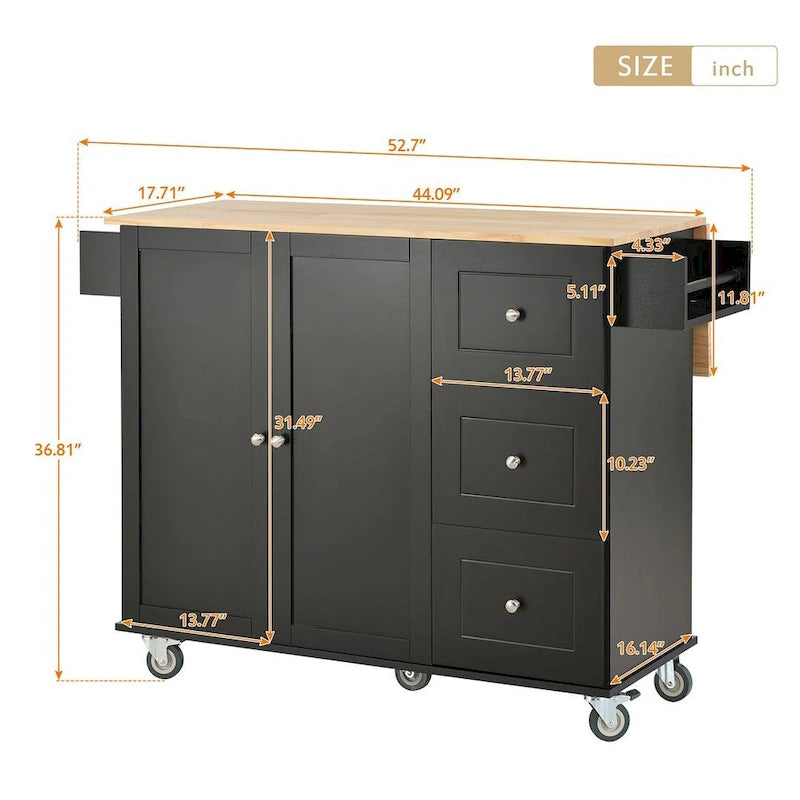 White / Black / Blue / Grey Blue Rolling Kitchen Island with Drop Leaf, 2 Doors & 3 Drawers, 1-Person Use
