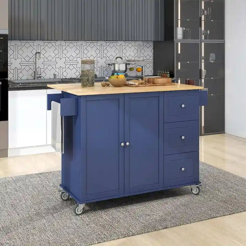 White / Black / Blue / Grey Blue Rolling Kitchen Island with Drop Leaf, 2 Doors & 3 Drawers, 1-Person Use