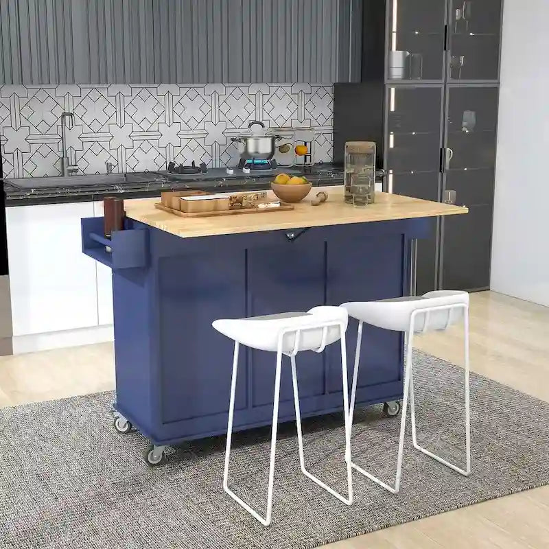 White / Black / Blue / Grey Blue Rolling Kitchen Island with Drop Leaf, 2 Doors & 3 Drawers, 1-Person Use