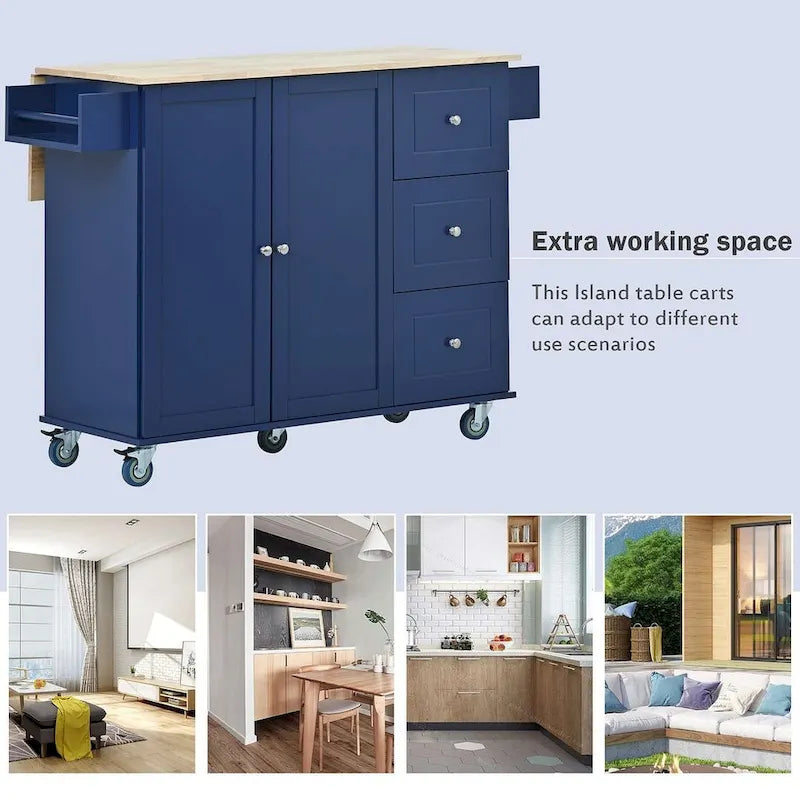 White / Black / Blue / Grey Blue Rolling Kitchen Island with Drop Leaf, 2 Doors & 3 Drawers, 1-Person Use