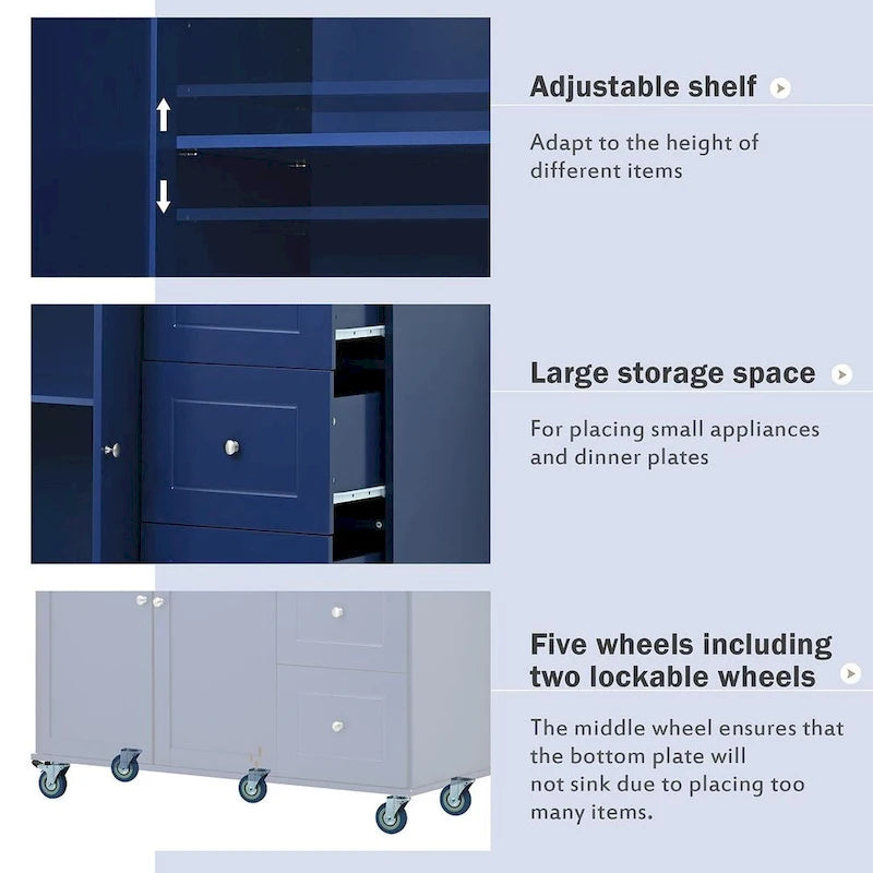 White / Black / Blue / Grey Blue Rolling Kitchen Island with Drop Leaf, 2 Doors & 3 Drawers, 1-Person Use