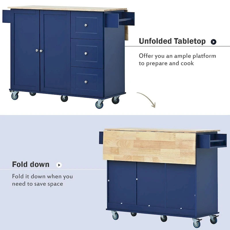 White / Black / Blue / Grey Blue Rolling Kitchen Island with Drop Leaf, 2 Doors & 3 Drawers, 1-Person Use