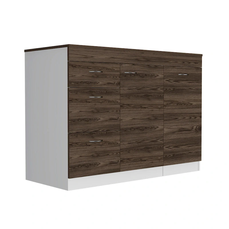 White / Dark Walnut Kitchen Island with 3 Drawers and Flexible Cabinet, for 1 Unit