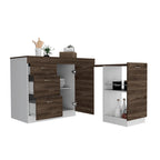 White / Dark Walnut Kitchen Island with 3 Drawers and Flexible Cabinet, for 1 Unit