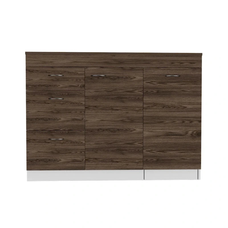 White / Dark Walnut Kitchen Island with 3 Drawers and Flexible Cabinet, for 1 Unit