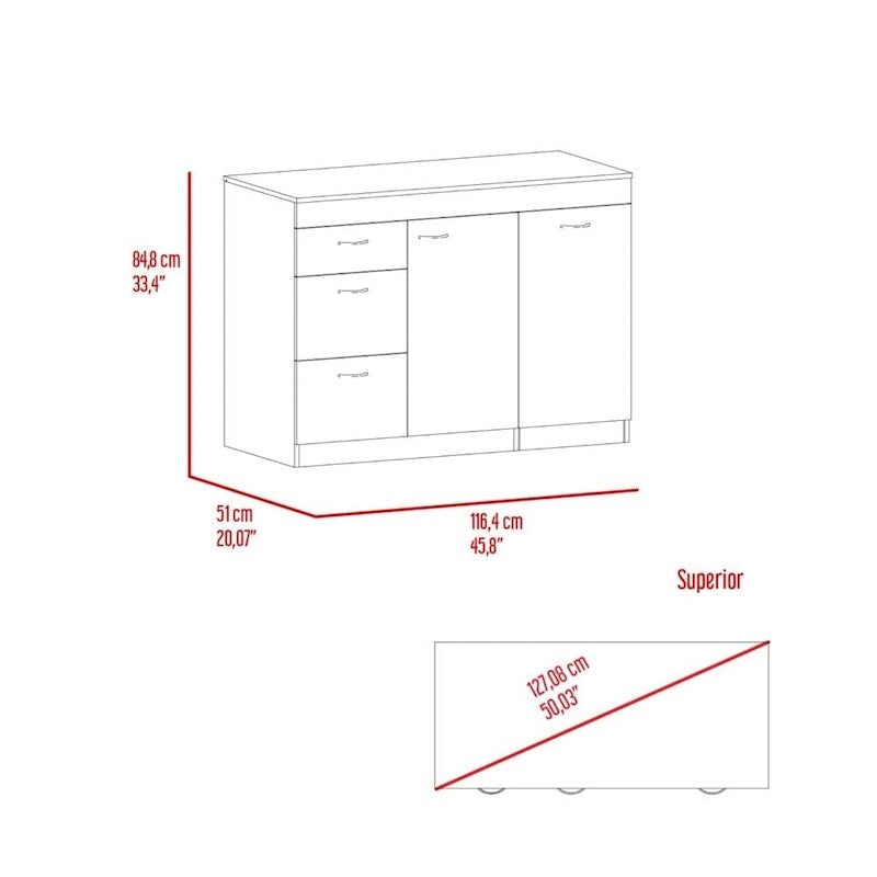 White / Dark Walnut Kitchen Island with 3 Drawers and Flexible Cabinet, for 1 Unit