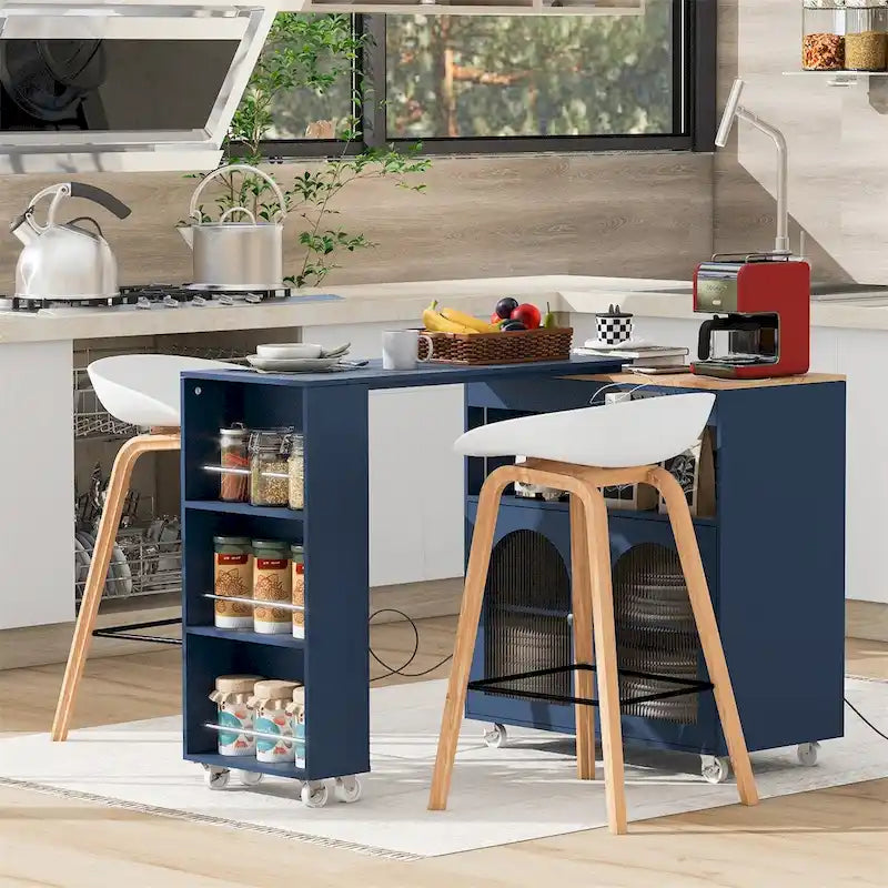 Grey-blue / Navy Blue / White Rolling Kitchen Island with Extended Table, for 1 Person, on Wheels