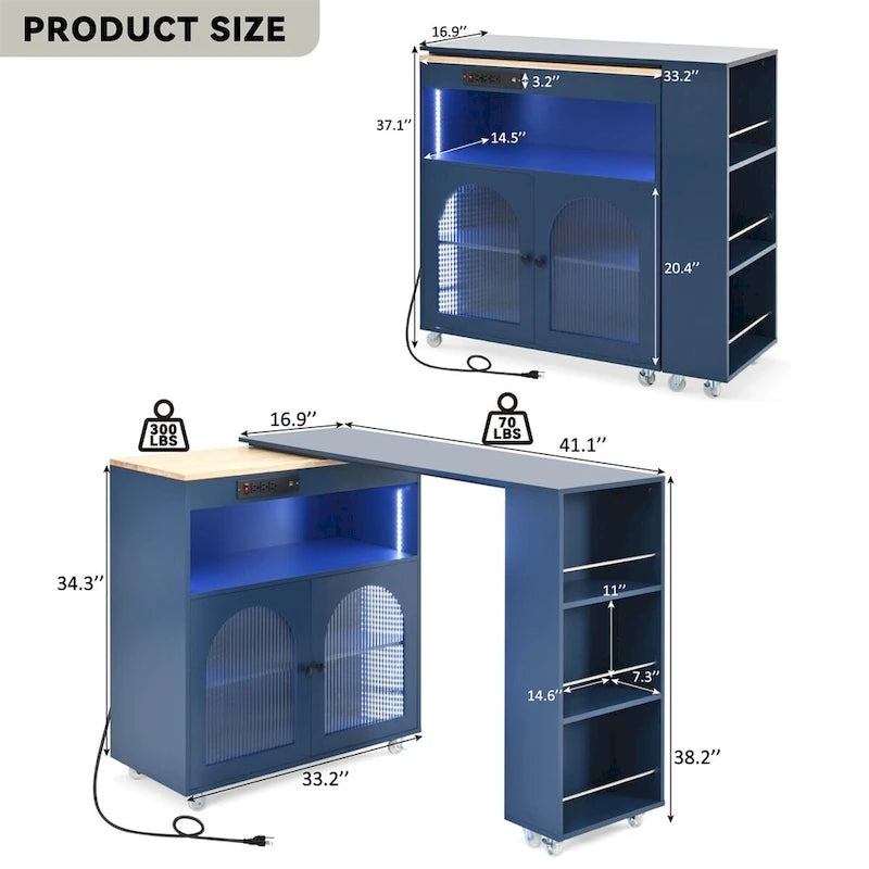 Grey-blue / Navy Blue / White Rolling Kitchen Island with Extended Table, for 1 Person, on Wheels