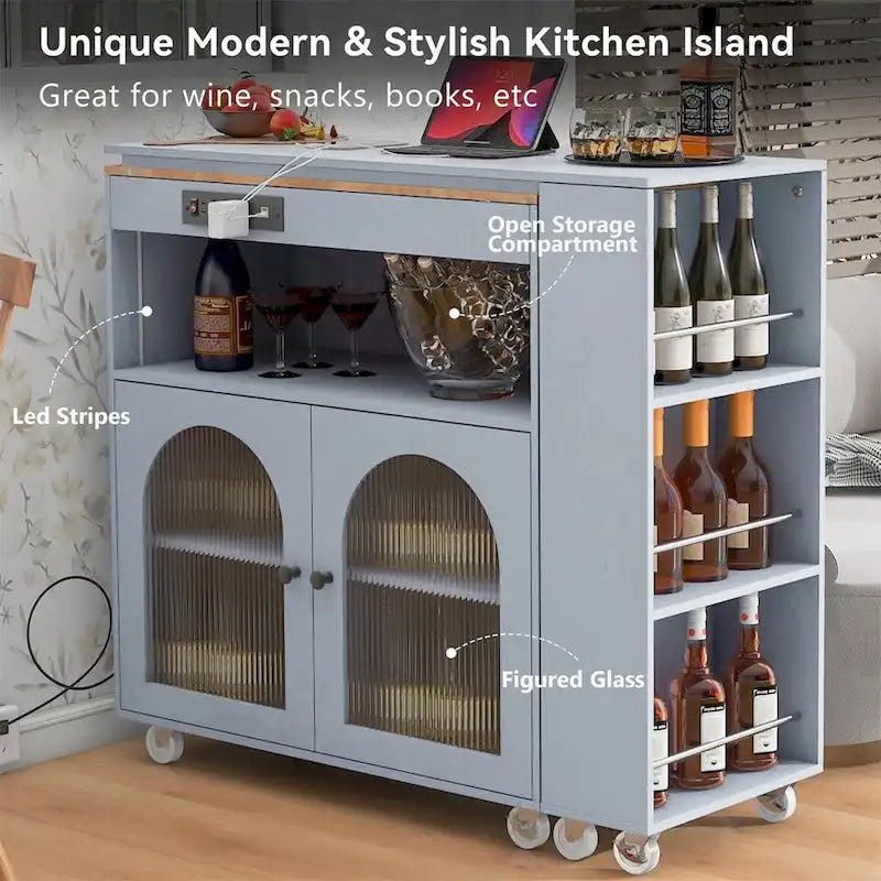 Grey-blue / Navy Blue / White Rolling Kitchen Island with Extended Table, for 1 Person, on Wheels