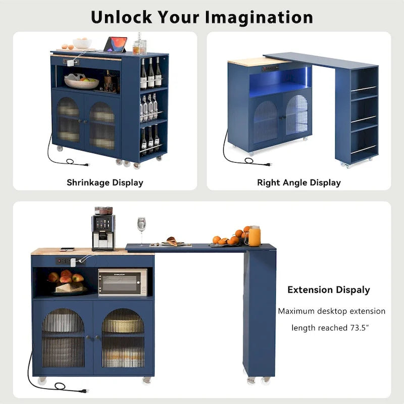 Grey-blue / Navy Blue / White Rolling Kitchen Island with Extended Table, for 1 Person, on Wheels
