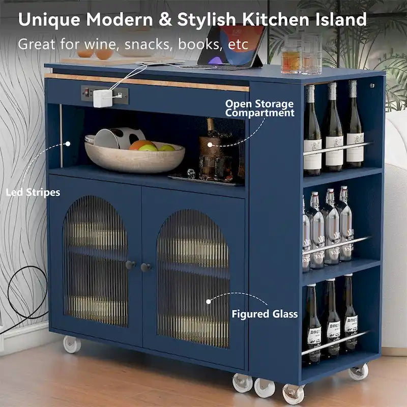 Grey-blue / Navy Blue / White Rolling Kitchen Island with Extended Table, for 1 Person, on Wheels