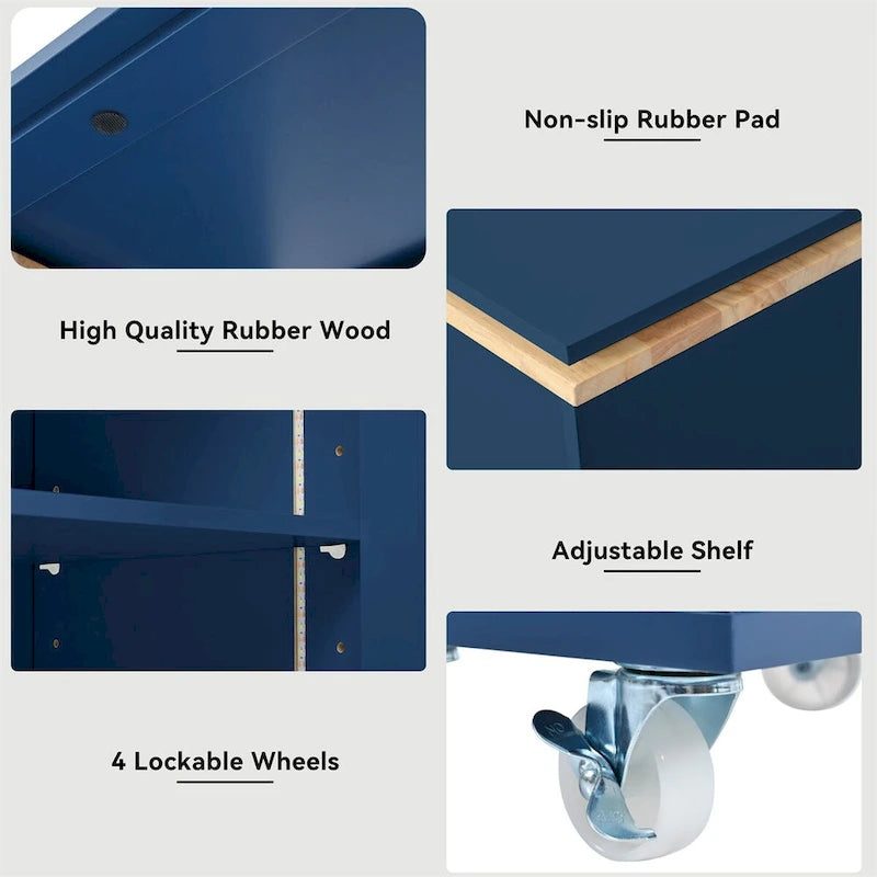 Grey-blue / Navy Blue / White Rolling Kitchen Island with Extended Table, for 1 Person, on Wheels