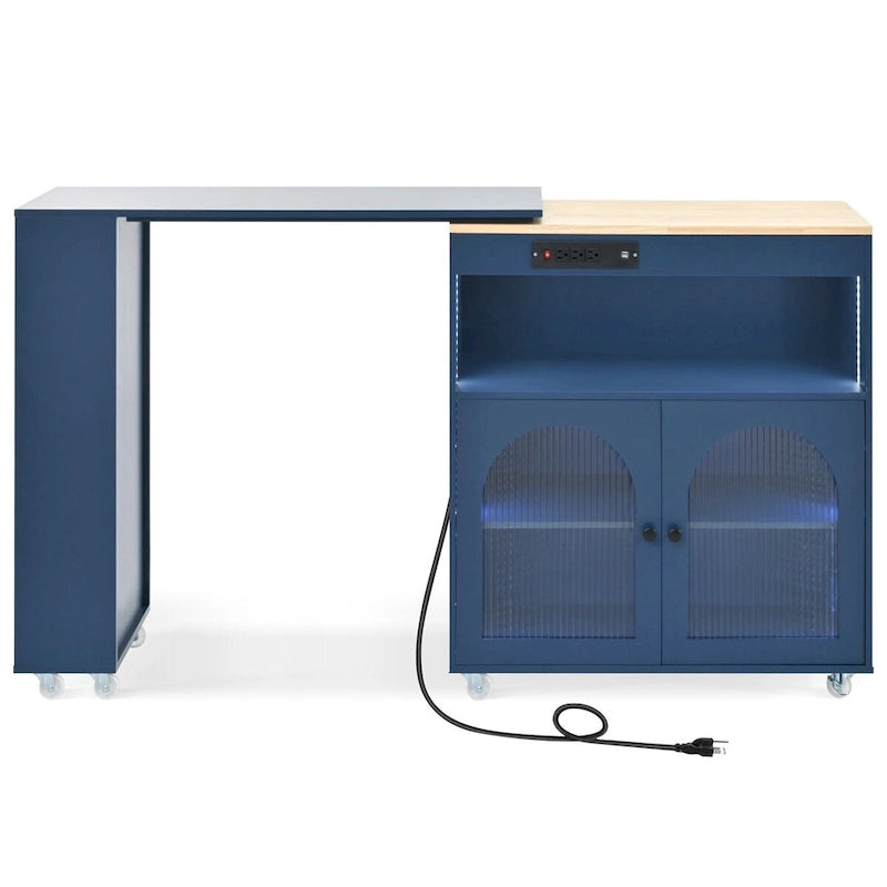 Grey-blue / Navy Blue / White Rolling Kitchen Island with Extended Table, for 1 Person, on Wheels