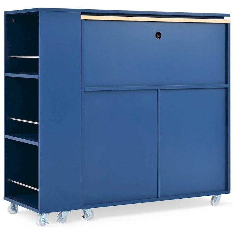Grey-blue / Navy Blue / White Rolling Kitchen Island with Extended Table, for 1 Person, on Wheels