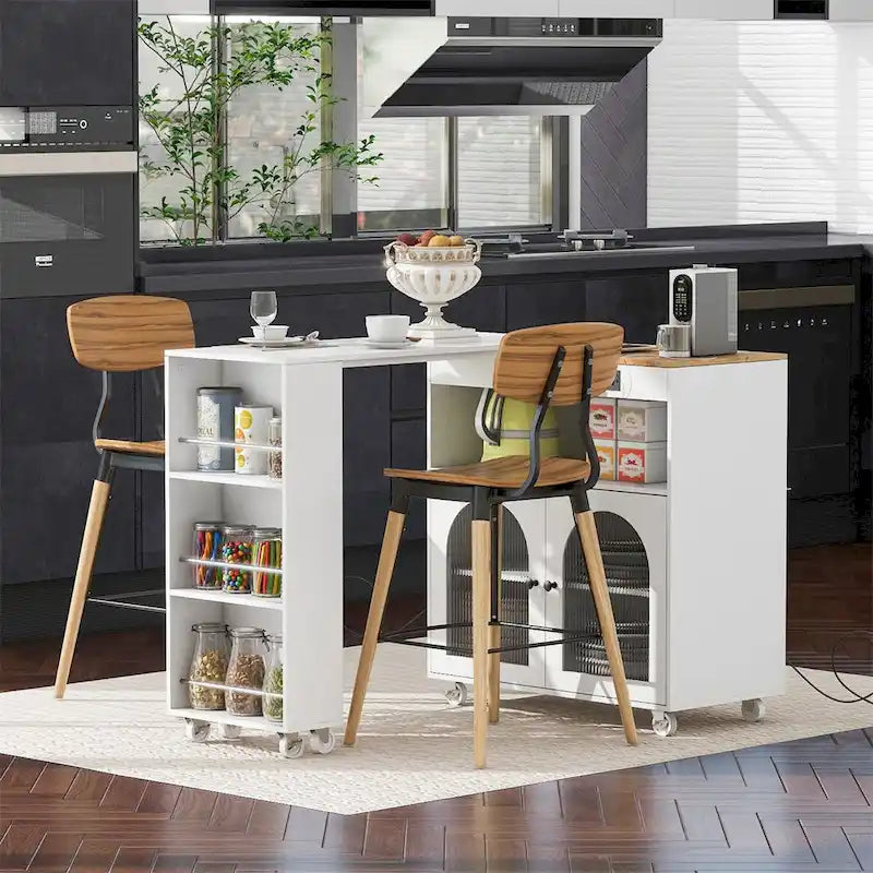 Grey-blue / Navy Blue / White Rolling Kitchen Island with Extended Table, for 1 Person, on Wheels