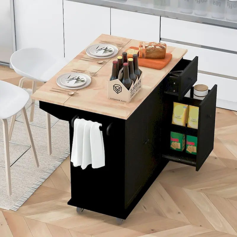 Black / White / Grey+Blue Rolling Kitchen Island with Drop Leaf, 2-Door Cabinet & 2 Drawers