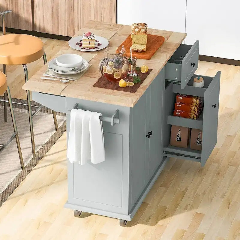Black / White / Grey+Blue Rolling Kitchen Island with Drop Leaf, 2-Door Cabinet & 2 Drawers