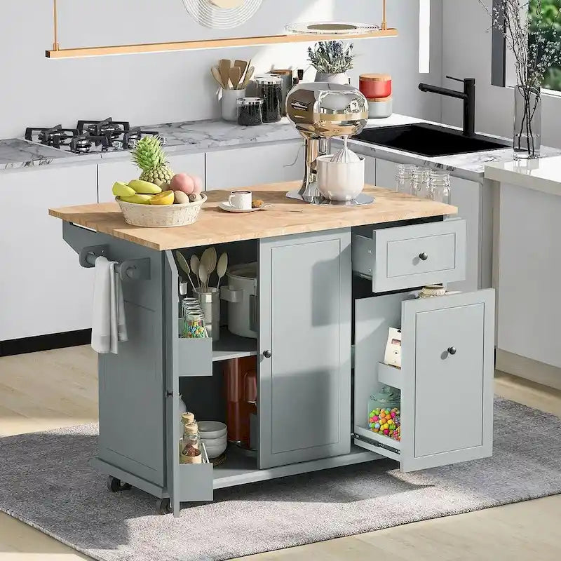 Black / White / Grey+Blue Rolling Kitchen Island with Drop Leaf, 2-Door Cabinet & 2 Drawers