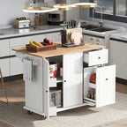 Black / White / Grey+Blue Rolling Kitchen Island with Drop Leaf, 2-Door Cabinet & 2 Drawers